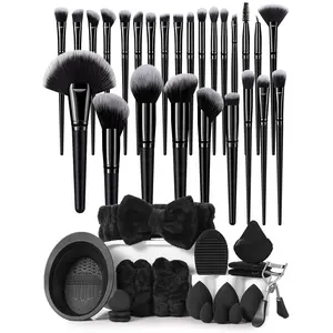 44PCS Cosmetic Makeup Tools Set - 26PCS Brushes, 3PCS Sponges, 3PCS Mini Sponges, 3PCS Triangle Powder Puffs, 3PCS Mini Cushion Powder Puffs, 1PC Eyelash Curler, 1PC Hairband, 2PCS Hand Bowl Straps, 2PCS Brush Cleaning Tools