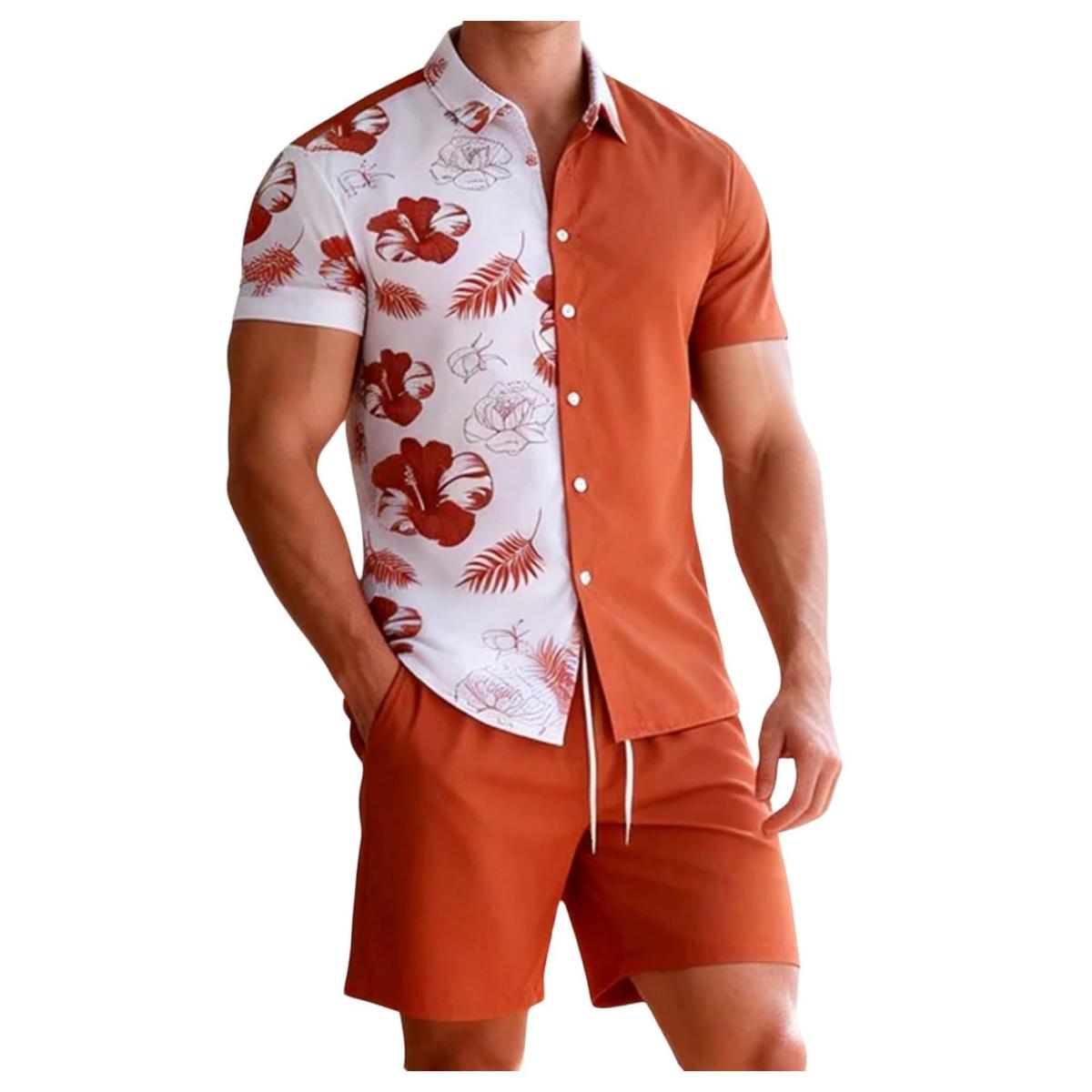Men's 2 Piece Matching Sets - Classic Tropical Plant Print Short-Sleeve Hawaiian Shirt & Stretch Shorts, Breathable Quick-Dry Lightweight Casual Multi-Size Menswear Vacation Outdoor Outfit