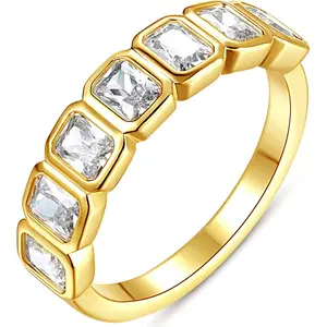 Emerald Cut Bezel Set CZ Halfway Eternity Band | 7 Stone Wedding Anniversary Band Bridal Set