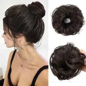 2PCs Small Cute Messy Bun Hair Piece for Thin Hair Women Mini Synthetic Curly Bun Scrunchies Updo Hairpieces Dark Brown