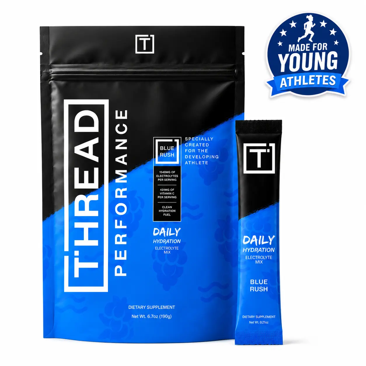 Thread Performance Daily Hydration for Teen Athletes - Potassium-First Hydration with Magnesium, Trace Minerals & B6 B12 - Sugar-Free Electrolyte - 15 Stick Packs Sodium