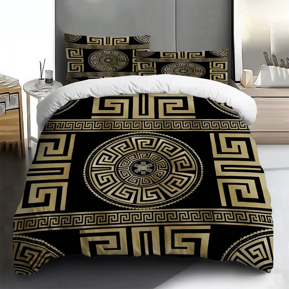 Three-piece bedding set, Comfy bedding set - 2pcs/3pcs 2D Flat black and gold geometric pattern duvet cover set (1 duvet cover + 1/2 pillowcases, no insert), suitable for family bedrooms and guest rooms