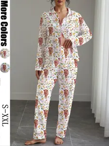 Women's Fall Winter Pajama Set, Highland Cow & Floral Print, Button Front Long Sleeve Top, Elastic Pants, Soft Stretchy Fabric