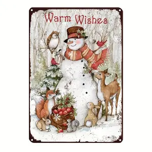 [2D Flat] 1pc, Vintage Christmas Snowman Metal Sign (12 Inches X 8 Inches), Christmas Decoration, Holiday Decor, Fun Christmas Party Decoration, Party Gift, Room Decor, Home Decoration, Merry Christmas Ornaments