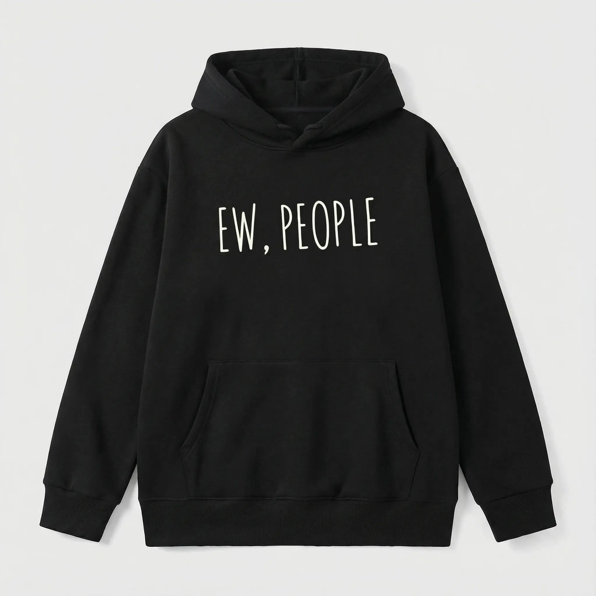 Men's Black Oversized Long-Sleeve Hoodie Pullover - Casual 'EW, PEOPLE' Graphic Print, Lightweight Cotton-Polyester Blend, Kangaroo Pocket, Crew Neck, Hang Dry