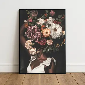 Black Woman Art Print – African American Flower Head Portrait, Black Girl Magic Wall Art, Elegant Feminine Room Decor, Unframed