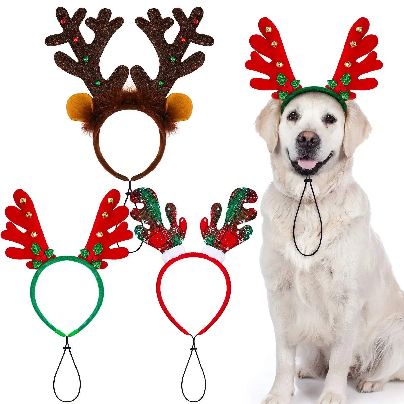Pet Antler Headband with Bells, Mixed Materials Red-Green Snowflake Antlers Accessory for Cats-Dogs Christmas Holiday Dress-Up, Red And Green Snowflake Antlers