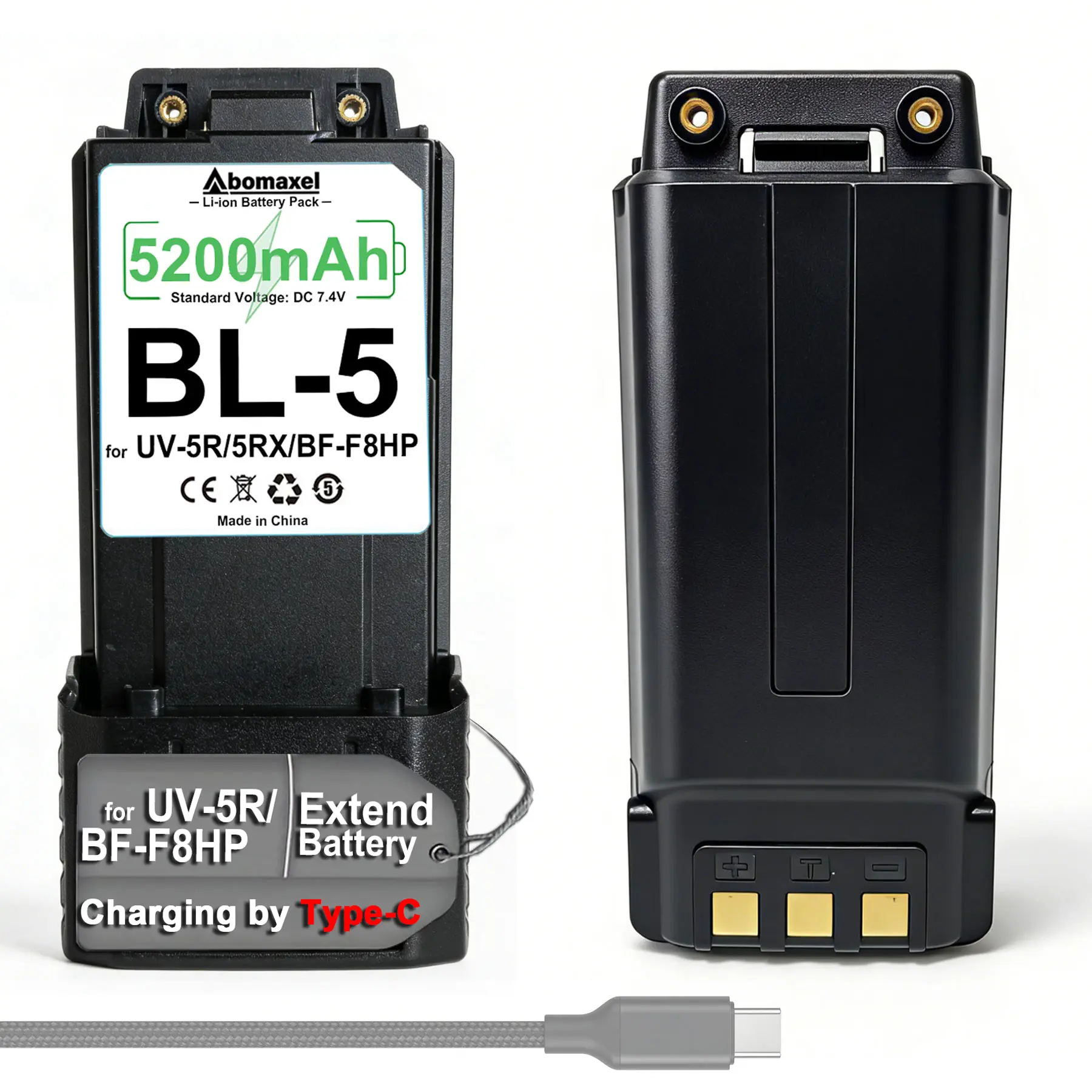 BL-5 Rechargeable Li-ion Walkie Talkie Battery Pack, 5200mAh 7.4V Extended Battery with Type-C Charging Compatible with UV-5R/5RA/BF-F8HP Series