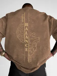 Men's "BALANCE" Brain & Heart Print Washed Loose T-Shirt, Casual Streetwear Short Sleeve Tee, Digital Print #BalanceTee #MindHeartPrint #WashedStreetwear #MinimalistDesign #TikTokMadeMeBuyIt