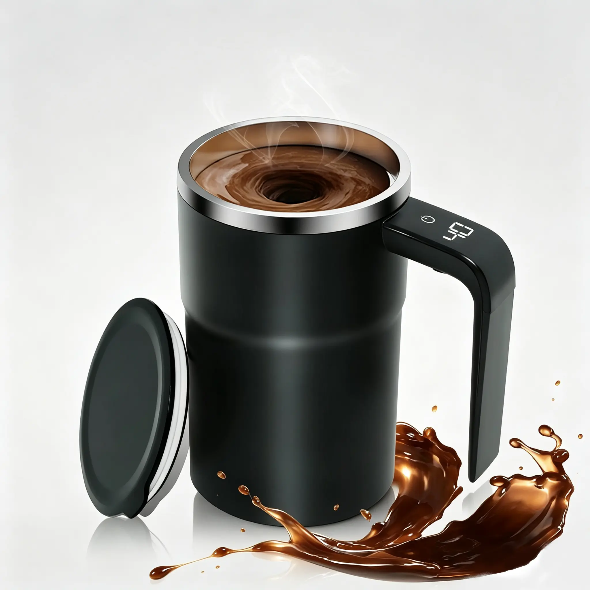 Electric Self-stirring Coffee Mug Magnetic Stirring Cup Rechargeable Automatic Mixing Cup w/LCD Thermometeren/Travel for Coffee Time Use at Home & Travel, Portable Mugs, 304 Grade Steel Easy Clean