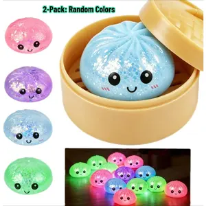 2PCS Glitter Light Up Dumpling Squishy, Colorful Stress Balls Fidget Sensory Blind Box, Stretchy Desk Toy for Stress Relief, Random Colors