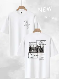 Minimalist Trendy Unisex Short Sleeve T-Shirt with NY Letters and Brooklyn Bridge Print for Daily Casual Wear