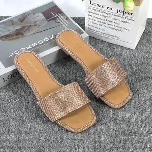 Women's Fancy Slide Flat Sandals Sparkly Glitter Shiny Rhinestones Square Open Toe Footwear Girl Fashionable Comfortable Breathable Summer Casual Dress Shoes for Wedding Party Beach Vacation