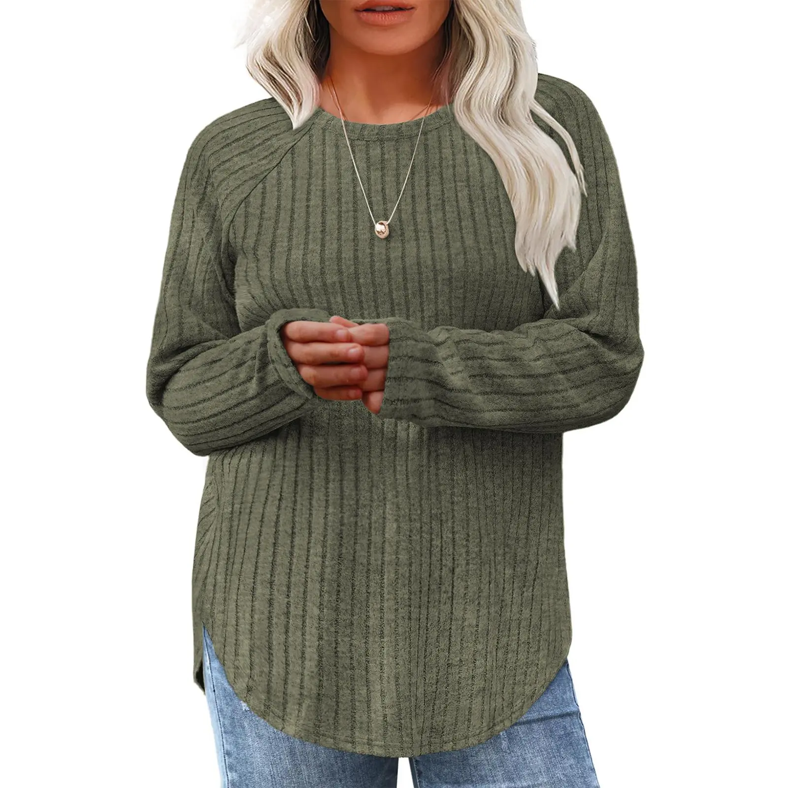 Eytino Plus Size Tops for Women Fall Soft Solid Crewneck Long Sleeve Rib Knitted Pullover Blouses Shirt(1X-5X)