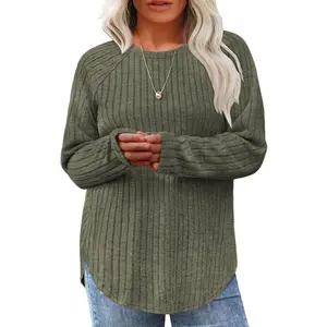 Eytino Plus Size Tops for Women Fall Soft Solid Crewneck Long Sleeve Rib Knitted Pullover Blouses Shirt(1X-5X)