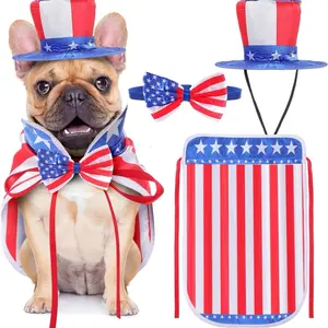 3 Pcs Dog 4th of July Outfit Independence Day Costume Set Includes Dog Top Hat, American Flag Dog Bow Tie Collar and American Flag Dog Cape Pet Clothes for Dogs Puppy Cats Kitten(S