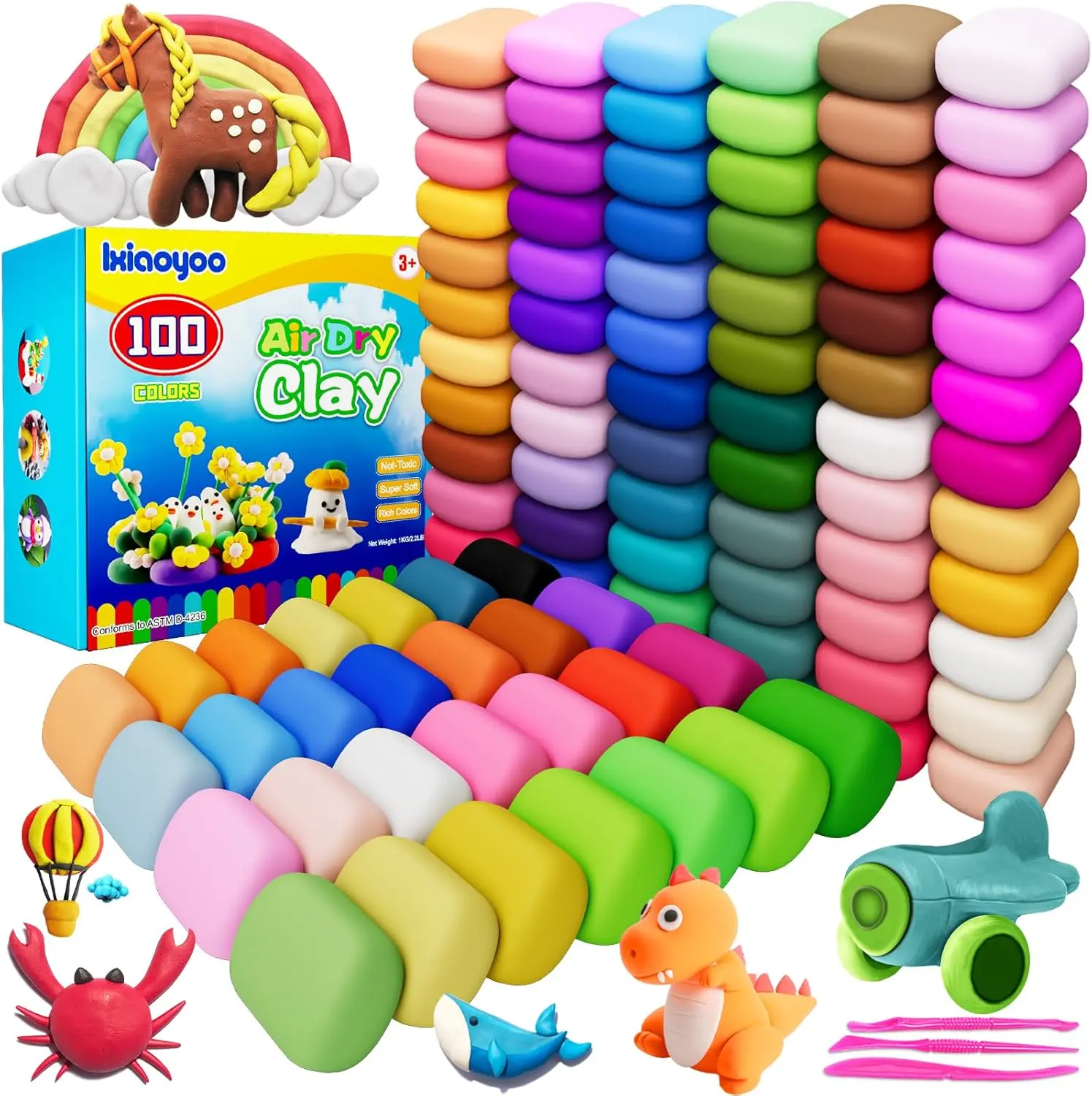 100 Vibrant Colors Air Dry Modeling Clay Kit for Unisex Kids 3-12 Years - Safe, Non-Toxic, 3 Precision Sculpting Tools, 36 Reusable Ziplock Bags - Boys' DIY Arts Crafts Toys, Birthday Party Favors, Christmas Gifts