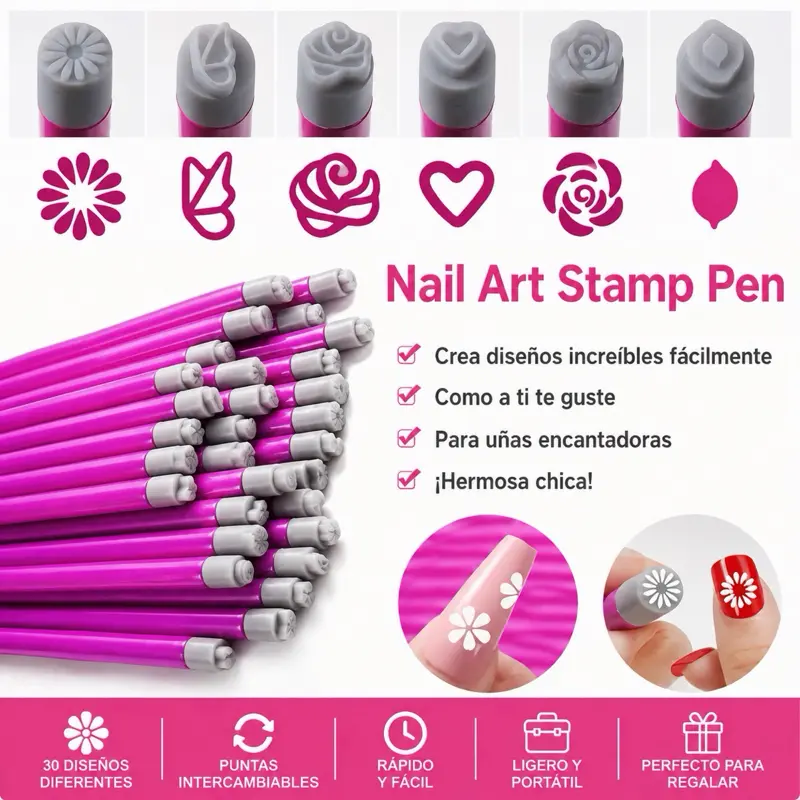 Nail Art Stamp Pen Kit - Manicure Supplies, Tools with 5 Stamp Pens + 30 Reusable Silicone Tips for Easy Designs, Nail Supplies