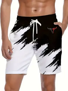 Men's Casual Fashion Geometric Pattern Shorts, Drawstring Waist Drop Waist Beach Pants, Fitted H-Type Short Bottoms for Daily Wear, Sportswear