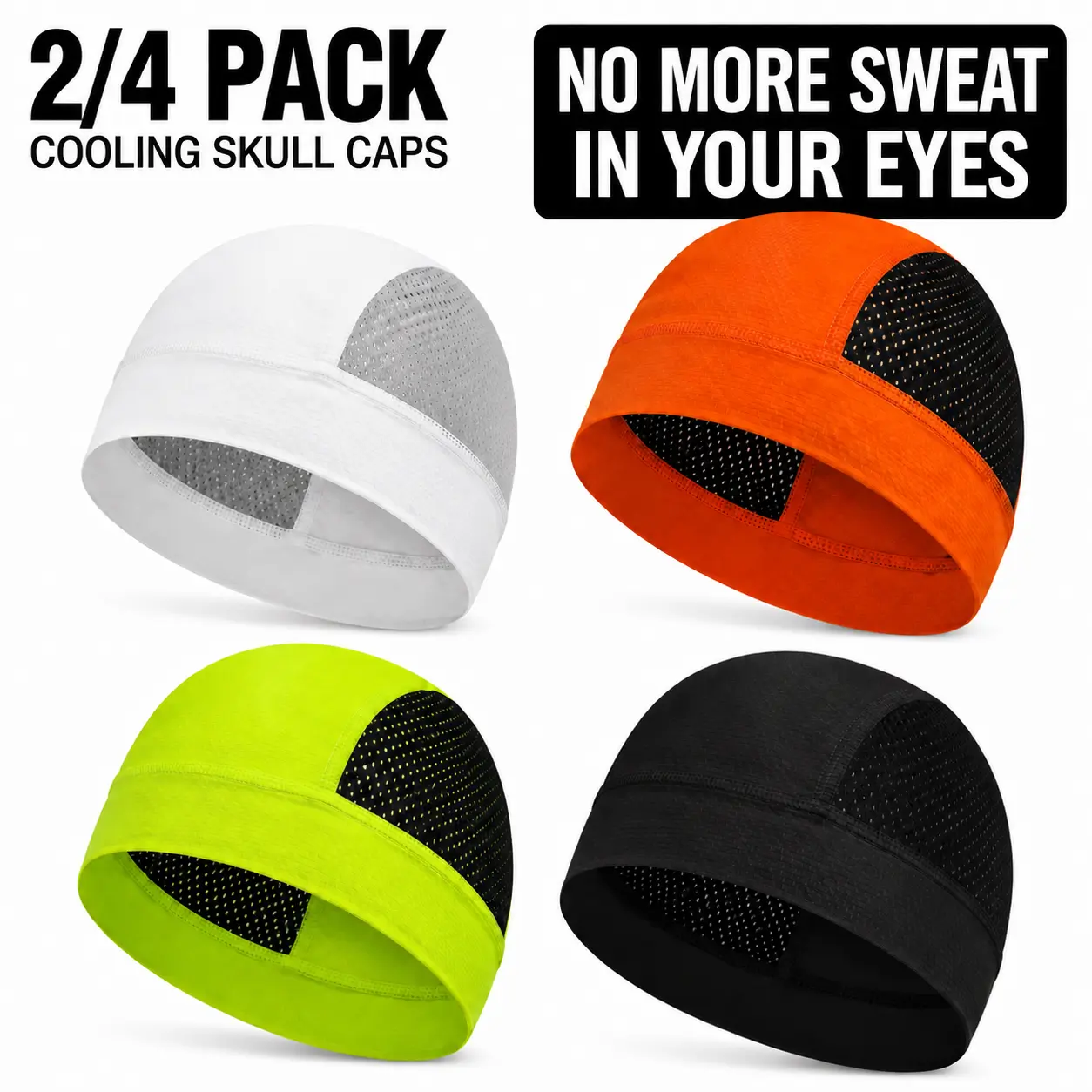 4-Pack Unisex Cooling Mesh Skull Cap - Breathable Sweat-Wicking Helmet Liner & Cycling Beanie for Hard Hat, Gym & Outdoor Work