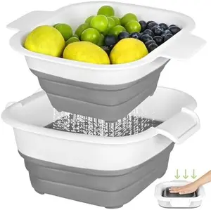 Collapsible Colander Set with Strainer Bowl, 2 in 1 Fruit Washing Basket with Strainer, 5 + 3 QT Plastic Colanders