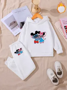 Girls' Fleece Hoodie Set, Cute Stitch Mickey Cartoon Print, Casual Loose Fit, Warm Winter, Ideal Gift for Kids
