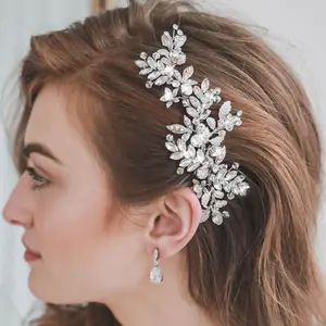 Rhinestone Wedding Hair Comb Leaf Bead Headpieces Clip Crystal Bridal Headdress Flower Accessories for Brides and Bridesmaids