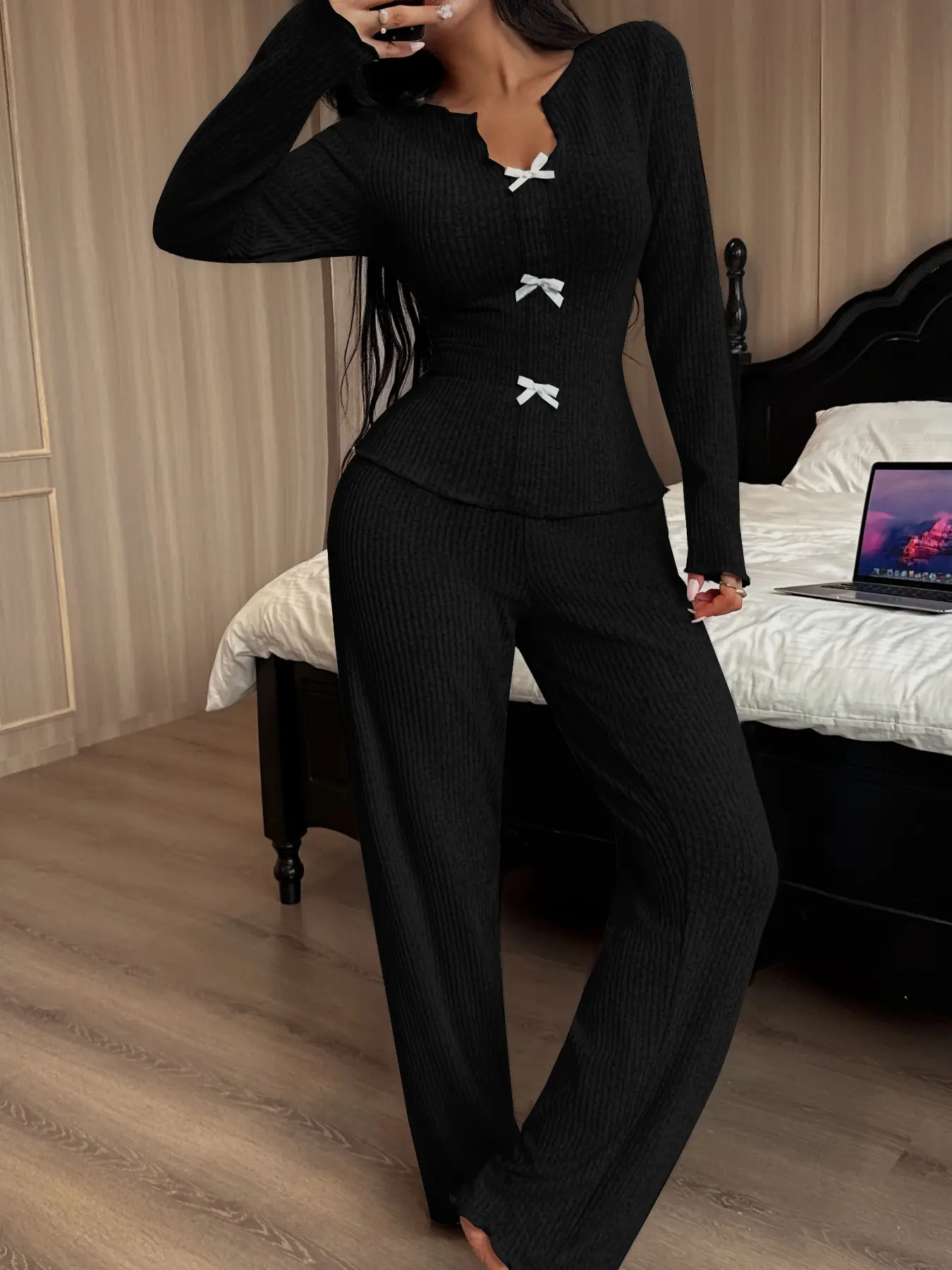 Women's Basic Casual Warm Fitted Homecoming Set, V Neck Wave Edge Design, Soft Plush Fabric, Fashionable Simple Style Two-Piece for Fall Winter