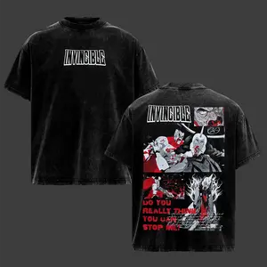 Vintage Washed Omni-Man Invincible Graphic T-shirt, Retro Comic Superhero Streetwear T-shirt, Oversized Heavy Cotton Pullover T-shirt with Dark Action Back Print, Casual Unisex T-shirt Gift for Comic Fans
