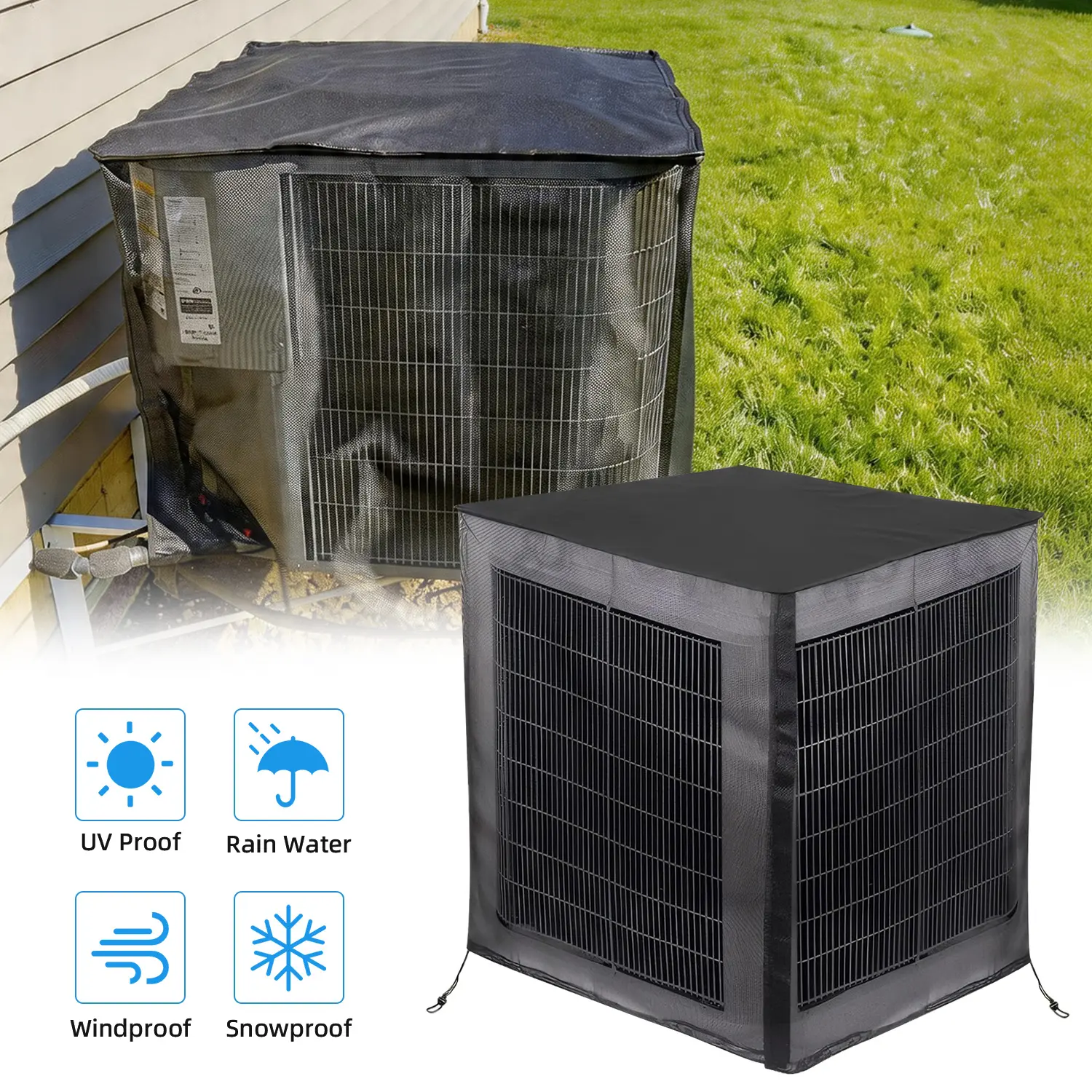 Outdoor Central AC Unit Cover - 4 Sizes, 600D Waterproof Detachable Top, Breathable Mesh Sides, Drawstring Bottom Stays Put, Windproof Insect Resistant All-Season Protector, Easy Installation, Mesh Lifts Heat Escape, Top Lifts Off for Cleaning