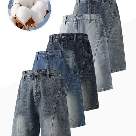 Anti-Wrinkle Denim Bermuda Shorts for Men — Classic Waistband, Split Design, Multiple Pockets, Straight Cut, Casual Summer Style