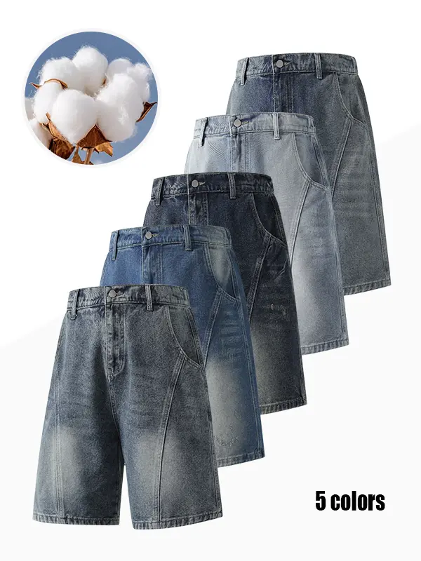 Anti-Wrinkle Denim Bermuda Shorts for Men — Classic Waistband, Split Design, Multiple Pockets, Straight Cut, Casual Summer Style