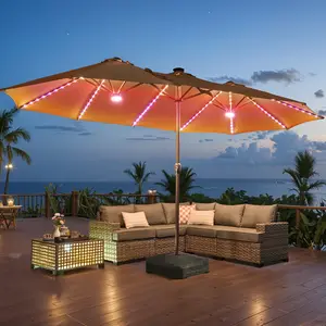 15ft Large Patio Umbrella with Base & Solar Lights, Double-Sided Outdoor Rectangle Umbrellas with 36 LED Lights, Umbrella for Outside Garden and Poolside Use