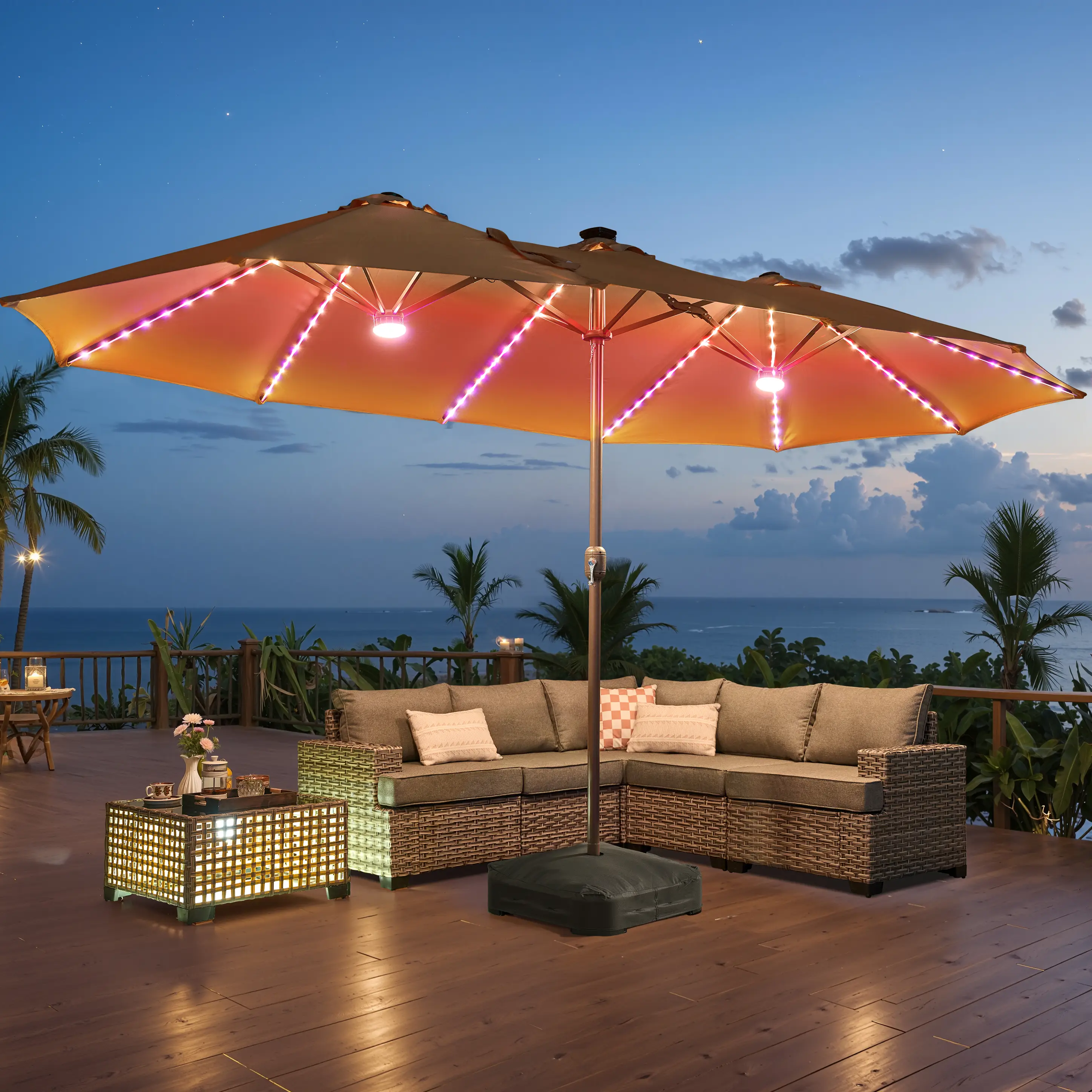 15ft Large Patio Umbrella with Base & Solar Lights, Double-Sided Outdoor Rectangle Umbrellas with 36 LED Lights, Umbrella for Outside Garden and Pools