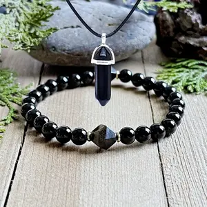 2pcs Black Tourmaline & Obsidian Crystal Bracelet and Pendant Necklace Set - Yoga Energy Protection Jewelry for Men and Women