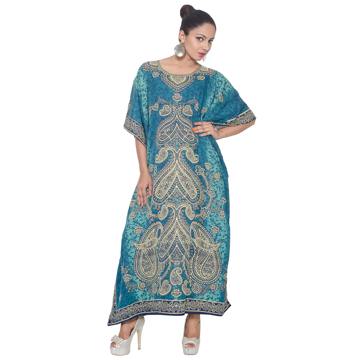 Gypsie Blu Polyester Stylish Luxury Kaftan for Women Paisley Printed Kimono Sleeve V-Neck Turquoise Blue Festive Caftan One Size Fits Most"