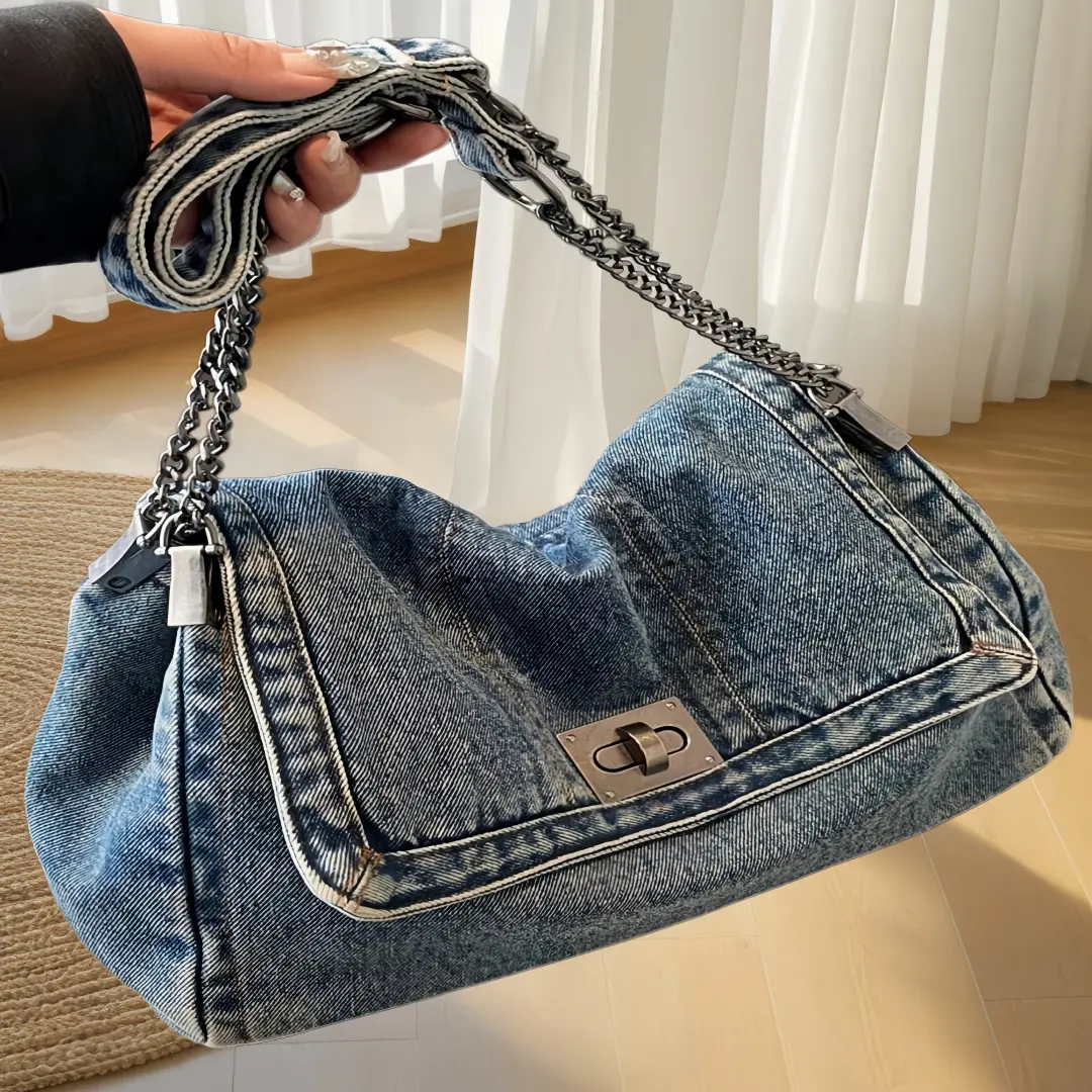 Women's Denim Chain Shoulder Bag - Retro Texture Underarm Tote, Fashionable Functional for Commuting, Office