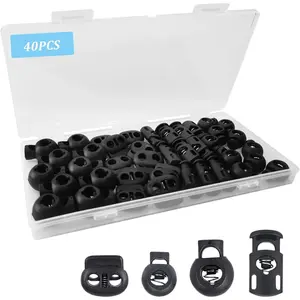 40Pcs Black Plastic 4 Size Cord Locks Spring Toggle Stopper Elastic Adjuster for Drawstrings Paracord Shoelaces Clothing Bags
