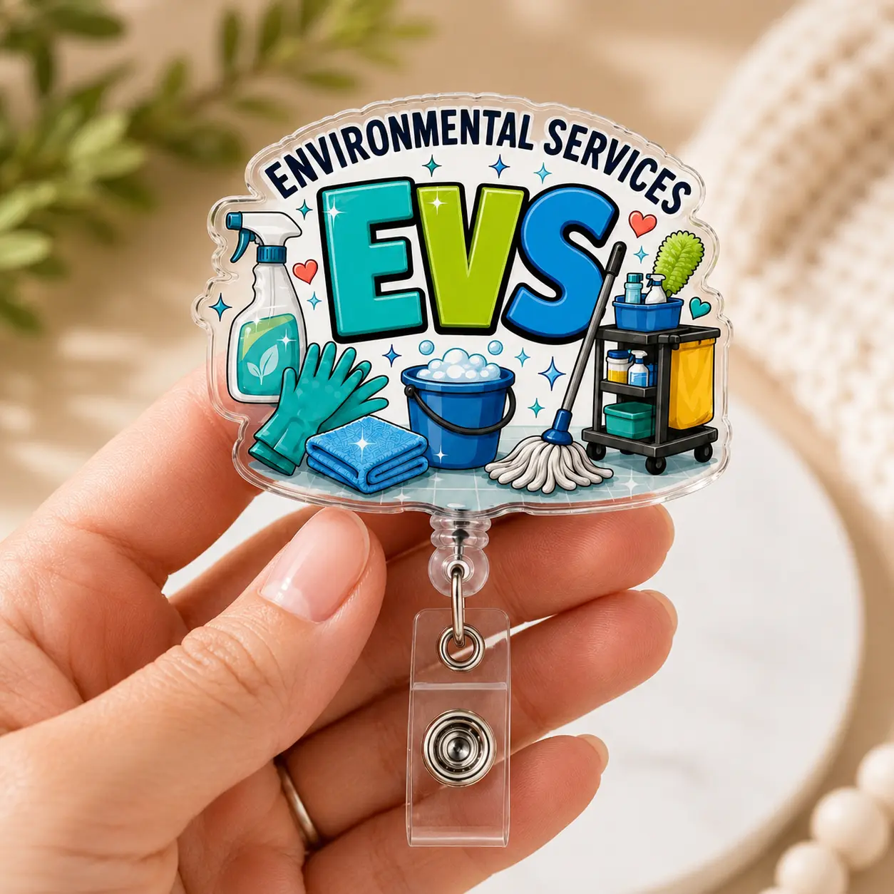 Environmental services EVS badge reel, retractable ID badge holder, cleaning team work badge clip for hospital support and sanitation staff