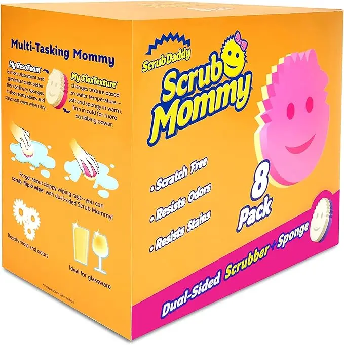 Scrub Daddy Scrub Mommy Dual-Sided Sponge Scrubber, 8-Count (Pack of 1) - Scratch-Free, Warm Water-Soft, Cold Water-Firm, Odor-Resistant Multi-Surface Home Care Supply for Dishes