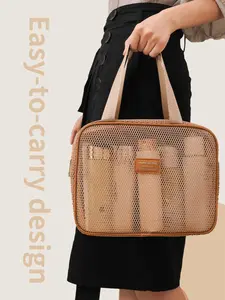 Women's Large Capacity Makeup Bag, Travel Cosmetic Bags, Makeup Storage Bag, Cosmetics Bag, Mesh Travel Toiletry Pouch with Handle & Zipper, Handheld Cosmetic Pouch, Boho Style Cosmetic Organizer for Business Trips