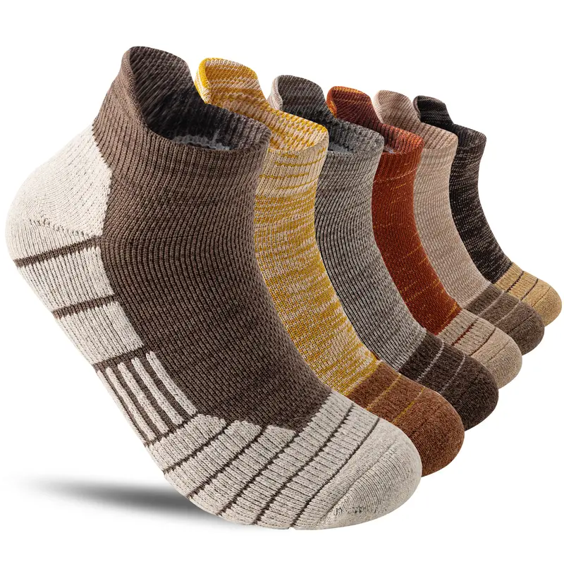 Women's & Men's 6-Pair Multi-Color Plaid Merino Wool No-Show Athletic Socks, Compression Sports Socks, Breathable Thick Cushion, Machine Washable, All-Season Support for Running, Hiking
