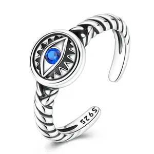 MULA 925 Sterling Silver Women's Evil Eye Ring - Vintage Oxidized Twisted Rope Band, Blue Cubic Zirconia, Adjustable Open Protection Amulet Boho Jewelry Gift (Vintage, Unique, Classic, Colored Stone Rings), Vintage Rings