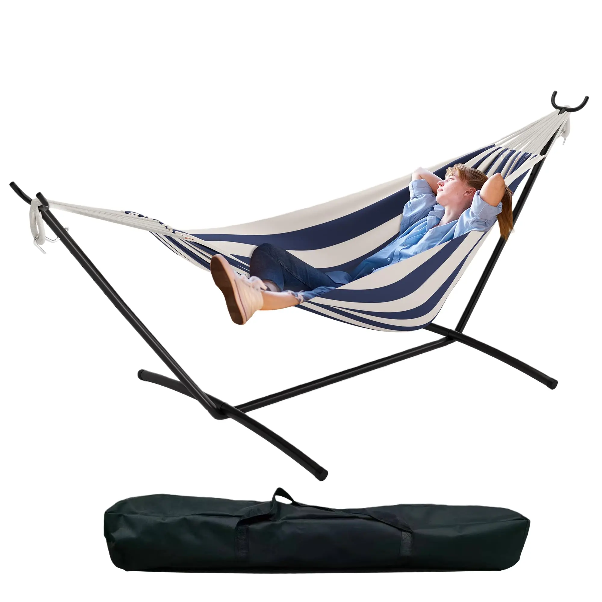 Garvee Double and Single Hammocks with Heavy Duty 450 lbs Capacity Stands, Portable Brazilian Style Cotton Fabric, Easy Assembly for Indoor and Outdoor Use, Includes Carrying Bag, Available in Various Colors