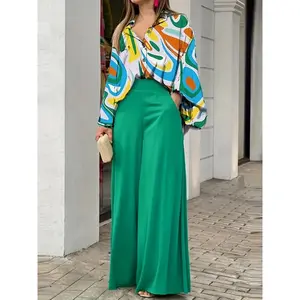 European and American Women'S Clothing  Spring Suit Loose and Elegant Casual Printed Shirt Top Wide Leg Pants Suit Women Womenswear Basic Bohemian Skirt Set Dark Violet