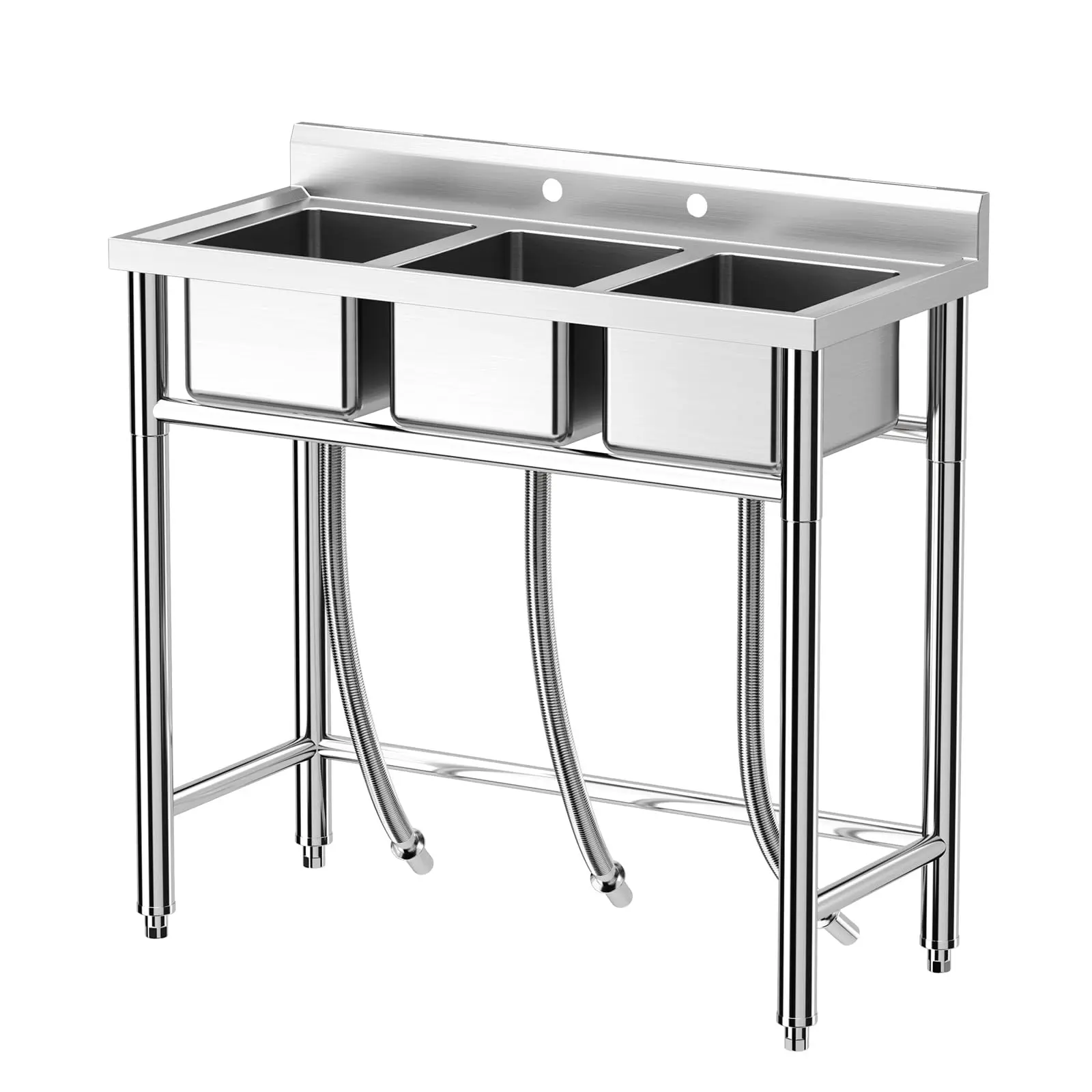【GARVEE】Freestanding Commercial Stainless Steel Utility Sink with 3 Compartments, Hot & Cold Hoses, Ideal for Restaurants, Garages, Backyards, Indoor & Outdoor Use, Available in Various Sizes