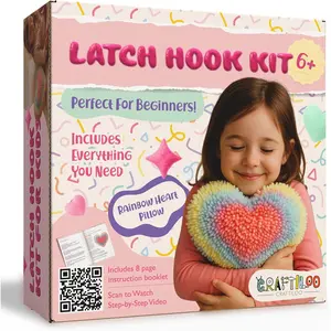 Latch Hook Kit for Kids Rug DIY Pillow Craft with Hook, Precut Yarn, Easy to Follow Pattern Cute Designs with Rainbow Heart Ages 6+