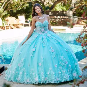 Aqua Mint Green Quinceañera Dress | Princess Sweet 15 Gown with Floral Appliqués, Sweetheart Corset and Full Tulle Skirt