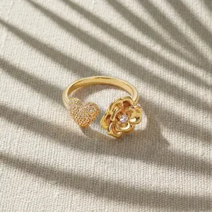 KissYan Gold ring for Women, 14K Gold Plated Floral Heart Design, Adjustable Open Ring with Rotating Flower plus Cubic Zirconia Diamond, Open Stackable Band Rings Dainty Jewelry for Anniversary Gifts Valentine's Gift Mother’s day Gift Perfect Gift