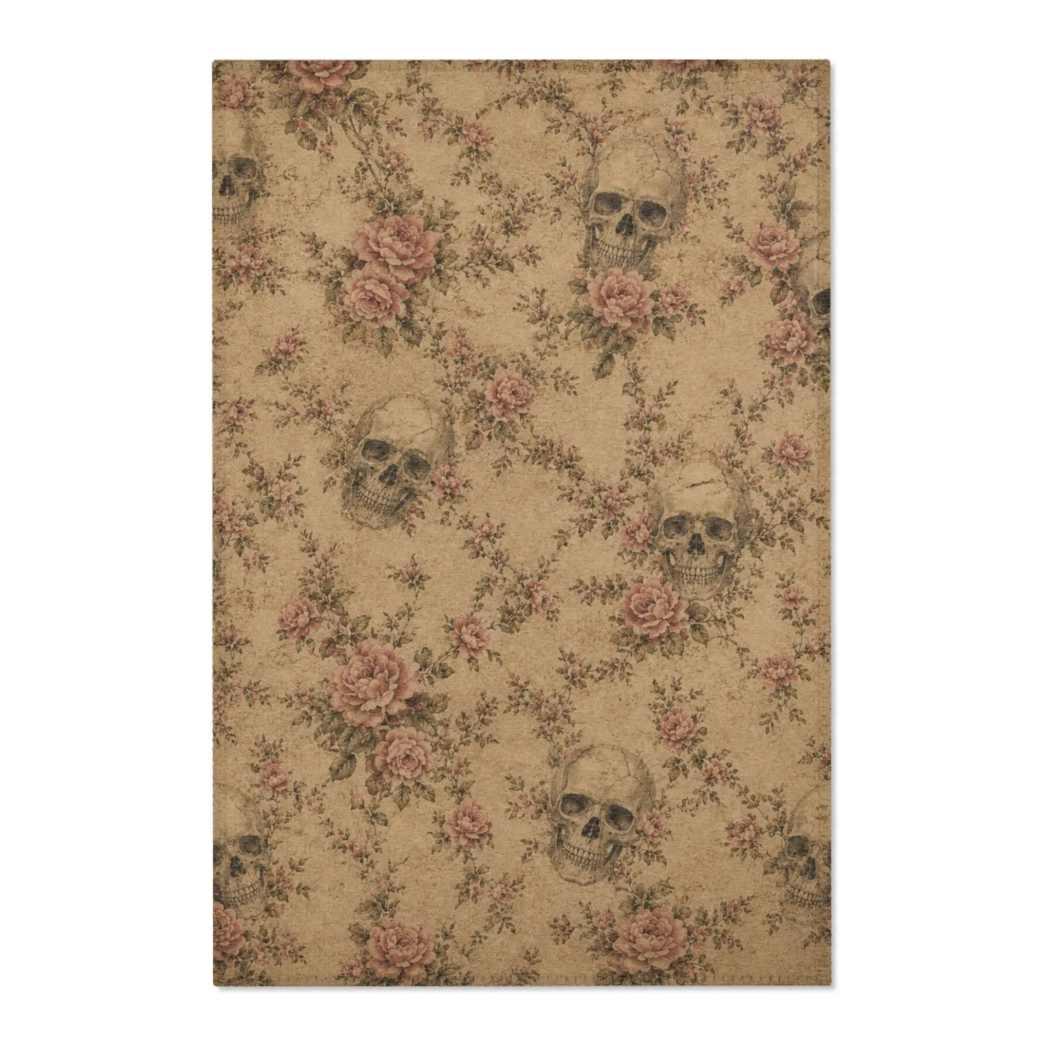 Vintage Floral Skull Area Rug | Victorian Skull Pattern